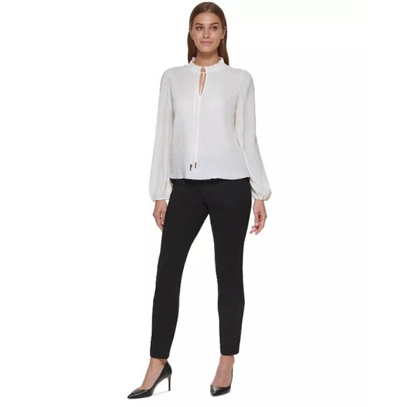DKNY Women's Mock-Turtleneck Tie Off White Long-Sleeve Top NWT - Picture 3 of 6